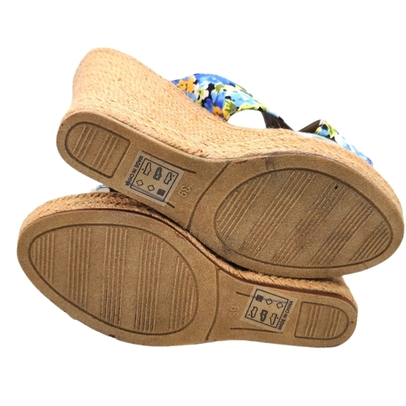 Modern Rush CHERYL BLACK Espadrilles Size 8.5M Floral Fabric Open Toe 4" Wedge - Picture 4 of 8